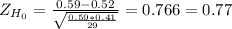 Z_{H_0}= \frac{0.59-0.52}{\sqrt{\frac{0.59*0.41}{29} } } = 0.766= 0.77