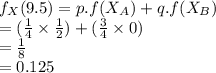 f_{X}(9.5)=p.f(X_{A})+q.f(X_B})\\=(\frac{1}{4}\times \frac{1}{2})+(\frac{3}{4}\times0)\\=\frac{1}{8}\\=0.125
