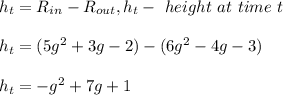h_t=R_{in}-R_{out}, h_t- \ height \ at\  time\  t\\\\h_t=(5g^2+3g-2)-(6g^2-4g-3)\\\\h_t=-g^2+7g+1
