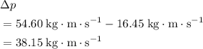 \begin{aligned}& \Delta p  \\ &= \rm 54.60\; kg \cdot m \cdot s^{-1} - 16.45\; \rm kg \cdot m \cdot s^{-1} \\ &= 38.15\; \rm kg \cdot m \cdot s^{-1} \end{aligned}