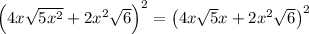 \left(4 x \sqrt{5 x^{2}}+2 x^{2} \sqrt{6}\right)^{2}=\left(4 x \sqrt{5} x+2 x^{2} \sqrt{6}\right)^2
