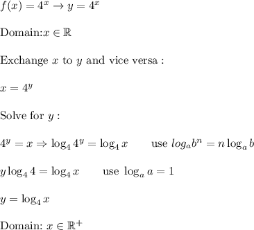 f(x)=4^x\to y=4^x\\\\\text{Domain:}x\in\mathbb{R}\\\\\text{Exchange}\ x\ \text{to}\ y\ \text{and vice versa}:\\\\x=4^y\\\\\text{Solve for}\ y:\\\\4^y=x\Rightarrow\log_44^y=\log_4x\qquad\text{use}\ log_ab^n=n\log_ab\\\\y\log_44=\log_4x\qquad\text{use}\ \log_aa=1\\\\y=\log_4x\\\\\text{Domain:}\ x\in\mathbb{R^+}