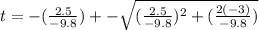t = - (\frac{2.5}{-9.8} ) +- \sqrt{(\frac{2.5}{-9.8})^2 + (\frac{2(-3)}{-9.8} ) } \\\\