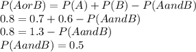 P(A or B) = P(A) + P(B) - P(AandB)\\0.8=0.7+0.6-P(AandB)\\0.8=1.3-P(AandB)\\P(AandB)=0.5
