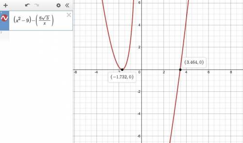 Use a graphing calculator or online application to find the solutions to x^2-9 =6sqrt3/x to the near