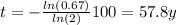 t=-\frac{ln(0.67)}{ln(2)}100=57.8 y