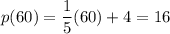 \displaystyle p(60)=\frac{1}{5}(60)+4=16