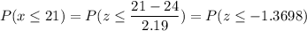 P( x \leq 21) = P( z \leq \displaystyle\frac{21 - 24}{2.19}) = P(z \leq -1.3698)