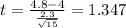 t=\frac{4.8-4}{\frac{2.3}{\sqrt{15}}}=1.347