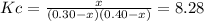 Kc=\frac{x}{(0.30-x)(0.40-x)} =8.28