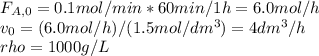 F_{A,0}=0.1mol/min*60min/1h=6.0mol/h\\v_0=(6.0mol/h)/(1.5mol/dm^3)=4dm^3/h\\rho=1000g/L