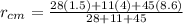 r_{cm} = \frac{28(1.5) + 11(4) + 45(8.6)}{28 + 11 + 45}