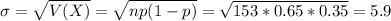\sigma = \sqrt{V(X)} = \sqrt{np(1-p)} = \sqrt{153*0.65*0.35} = 5.9