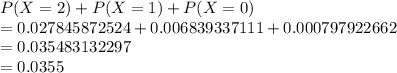 P(X = 2) + P(X = 1) + P(X = 0) \\= 0.027845872524 + 0.006839337111 + 0.000797922662\\= 0.035483132297\\= 0.0355