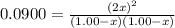 0.0900=\frac{(2x)^2}{(1.00-x)(1.00-x)}