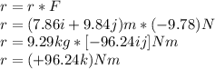 r=r*F\\r=(7.86i+9.84j)m*(-9.78)N\\r=9.29kg*[-96.24ij]Nm\\r=(+96.24k)Nm