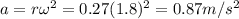 a=r\omega^2=0.27(1.8)^2=0.87 m/s^2