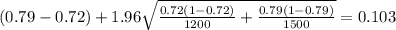 (0.79-0.72) + 1.96 \sqrt{\frac{0.72(1-0.72)}{1200} +\frac{0.79(1-0.79)}{1500}}=0.103