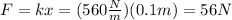 F=kx=(560\frac{N}{m})(0.1m)=56N