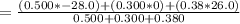 = \frac{(0.500 * -28.0)+(0.300 * 0 )+(0.38*26.0)}{0.500 +0.300  +0.380}