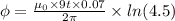 \phi=\frac{\mu_{0}\times 9t\times 0.07}{2\pi}\times ln(4.5)