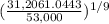 (\frac{31,2061.0443}{53,000} )^{1/9}