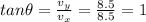 tan\theta = \frac{v_y}{v_x} = \frac{8.5}{8.5} = 1