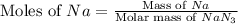 \text{Moles of }Na=\frac{\text{Mass of }Na}{\text{Molar mass of }NaN_3}