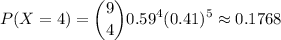 \displaystyle P(X=4)=\binom{9}{4}0.59^4(0.41)^{5}\approx 0.1768
