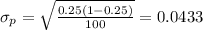 \sigma_{p} =\sqrt{\frac{0.25(1-0.25)}{100}}= 0.0433