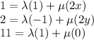 1=\lambda (1)+\mu (2x)\\2=\lambda (-1)+\mu (2y)\\11=\lambda (1)+\mu (0)