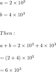 a=2\times 10^3 \\ \\ b=4\times 10^3 \\ \\ \\ Then: \\ \\ a+b=2\times 10^3+4\times 10^3 \\ \\ =(2+4)\times 10^3 \\ \\ =6\times 10^3