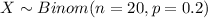X \sim Binom(n=20, p=0.2)