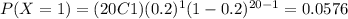 P(X=1)=(20C1)(0.2)^1 (1-0.2)^{20-1}=0.0576
