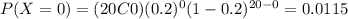P(X=0)=(20C0)(0.2)^0 (1-0.2)^{20-0}=0.0115