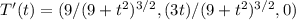 T'(t) = (9/(9 + t^2)^{3/2} , (3 t)/(9 + t^2)^{3/2},0)