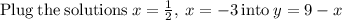 \mathrm{Plug\:the\:solutions\:}x=\frac{1}{2},\:x=-3\mathrm{\:into\:}y=9-x