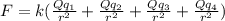 F = k({\frac{Qq_1}{r^2} + \frac{Qq_2}{r^2} + \frac{Qq_3}{r^2} + \frac{Qq_4}{r^2} )\\\\\\