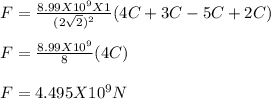 F = \frac{8.99 X 10^9 X 1}{(2\sqrt{2} )^2} ( 4C + 3C - 5C + 2C)\\\\F = \frac{8.99 X 10^9}{8} (4C)\\\\F = 4.495 X 10^9 N