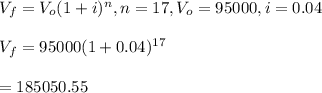 V_f=V_o(1+i)^n, n=17, V_o=95000, i=0.04\\\\V_f=95000(1+0.04)^{17}\\\\=185050.55