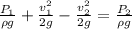 \frac{P_{1}}{\rho g}+\frac{v_{1}^{2}}{2g}-\frac{v_{2}^{2}}{2g}=\frac{P_{2}}{\rho g}