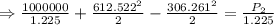 \Rightarrow \frac{1000000}{1.225}+\frac{612.522^{2}}{2}-\frac{306.261^{2}}{2}=\frac{P_{2}}{1.225}