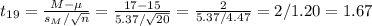 t_{19}=\frac{M-\mu}{s_M/\sqrt{n}} =\frac{17-15}{5.37/\sqrt{20}}=\frac{2}{5.37/4.47} =2/1.20=1.67