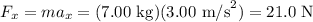 F_x = ma_x = (7.00\text{ kg})(3.00 \text{ m/s}^2) = 21.0\text{ N}