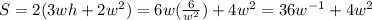 S=2(3wh+2w^2)=6w(\frac{6}{w^2})+4w^2=36w^{-1}+4w^2