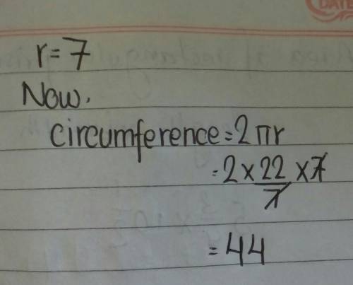 What is the circumference of this circle given a radius of 7 in.?r = 7 in.Use 3.14 for itRound your