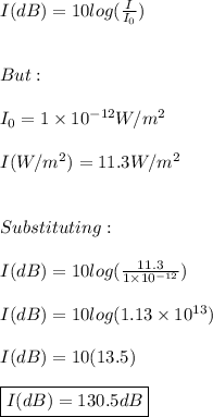 I(dB)=10log(\frac{I}{I_{0}}) \\ \\ \\  But: \\ \\ I_{0}=1\times 10^{-12}W/m^2 \\ \\ I(W/m^2)=11.3W/m^2 \\ \\ \\ Substituting: \\ \\ I(dB)=10log(\frac{11.3}{1\times 10^{-12}}) \\ \\  I(dB)=10log(1.13\times 10^{13}) \\ \\ I(dB)=10(13.5) \\ \\ \boxed{I(dB)=130.5dB}