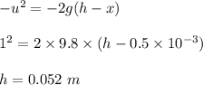 -u^2=-2g(h-x)\\\\1^2=2\times 9.8\times (h-0.5\times 10^{-3})\\\\h=0.052\ m