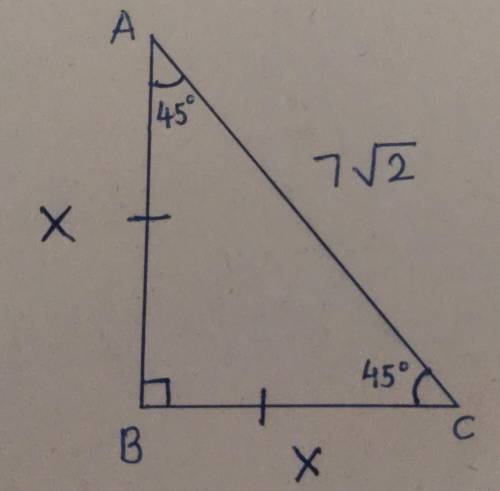 What is the area of an isosceles right triangle whose hypotenuse is (7 √2)? Write your answer as a d