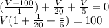(\frac{V-100}{1})+\frac{V}{20}+\frac{V}{5}=0\\   V(1+\frac{1}{20}+\frac{1}{5})=100